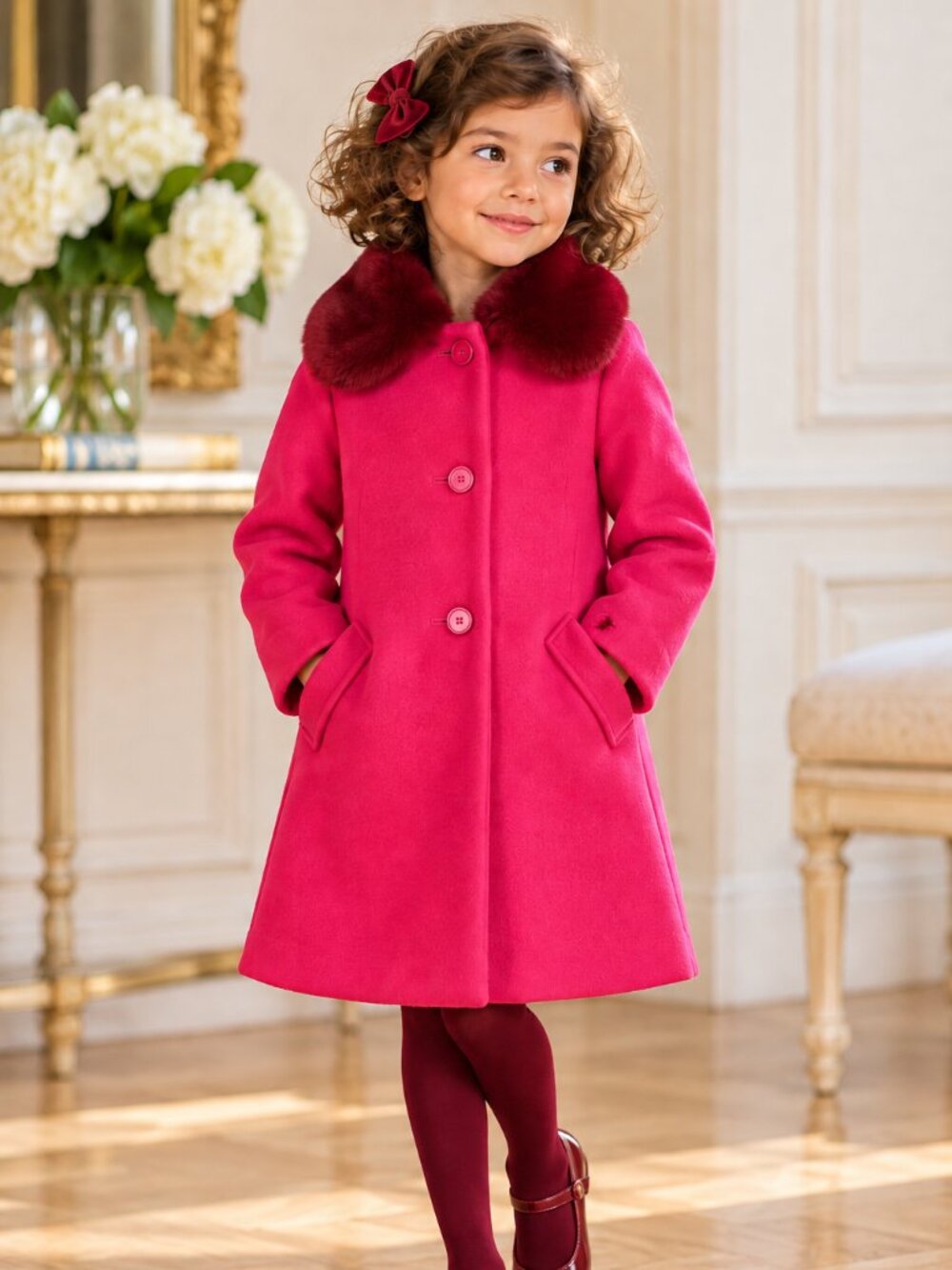 Jacadi Paris Girls Wool Blend Coat Fuchsia Pink Burgundy Collar 5A